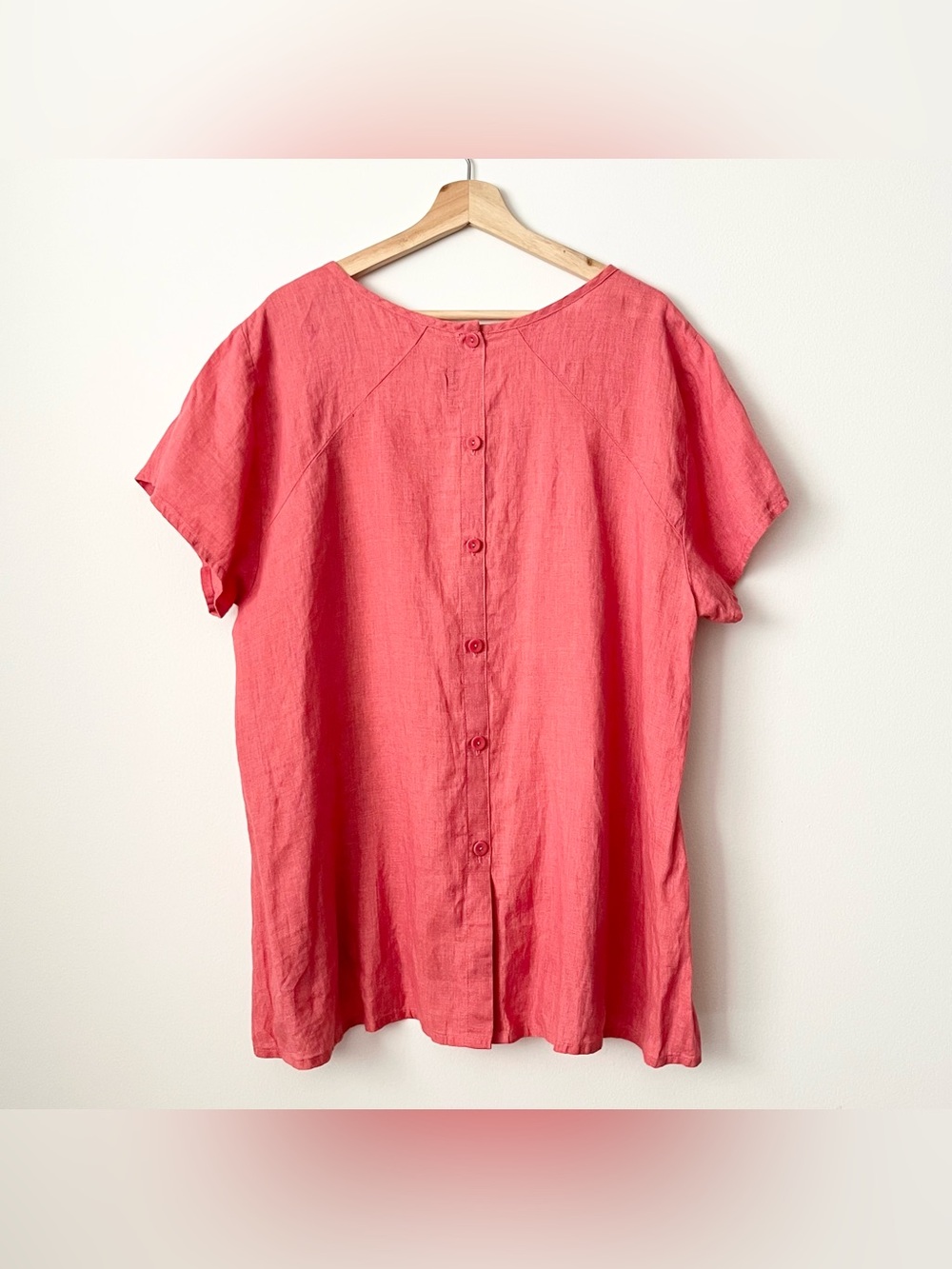 FLAX Women's 100% Linen Tunic Top Shirt Size L Pink Salmon Button Back Summer - Picture 2 of 6